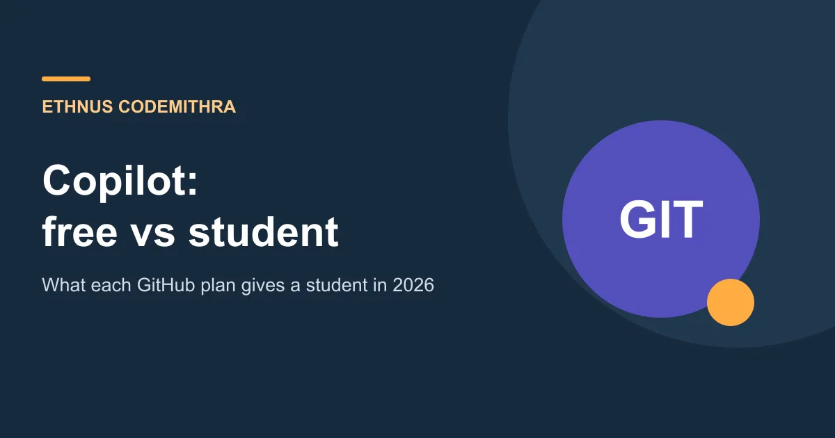 Copilot: free vs student. Ethnus Codemithra article cover.