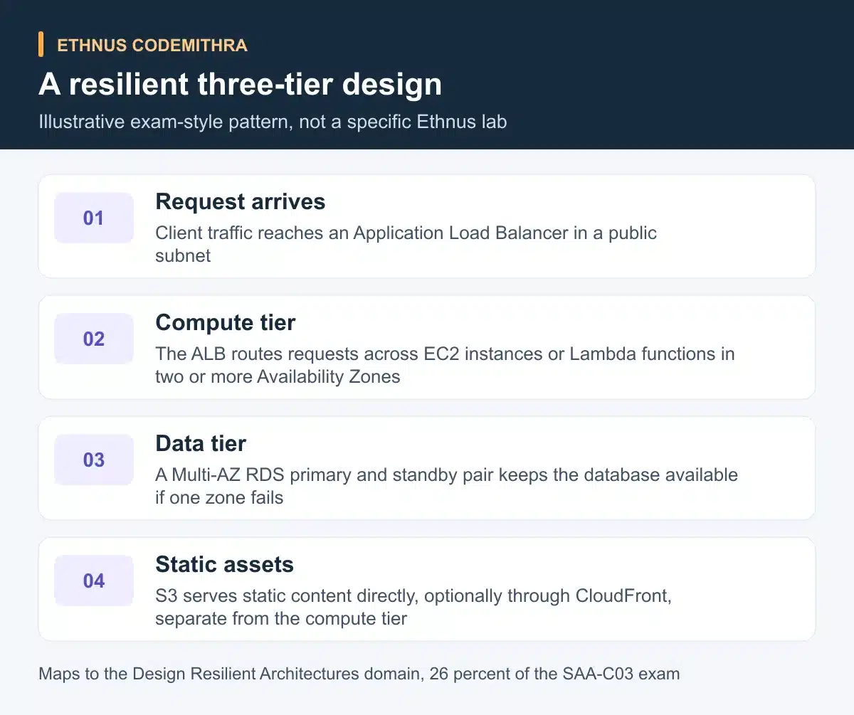 A resilient three-tier design. Request arrives: Client traffic reaches an Application Load Balancer in a public subnet. Compute tier: The ALB routes requests across EC2 instances or Lambda functions in two or more Availability Zones. Data tier: A Multi-AZ RDS primary and standby pair keeps the database available if one zone fails. Static assets: S3 serves static content directly, optionally through CloudFront, separate from the compute tier