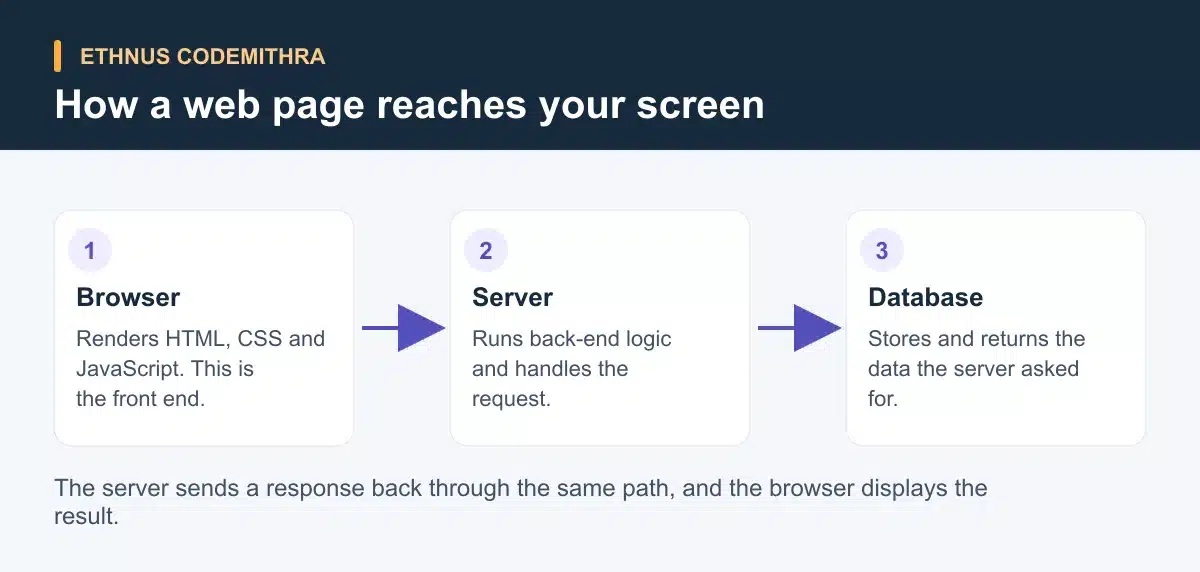 How a web page reaches your screen: the browser front end sends a request to the server, the server queries the database, and the response returns to the browser.