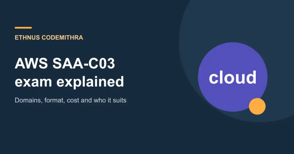 AWS SAA-C03 exam explained. Ethnus Codemithra article cover.