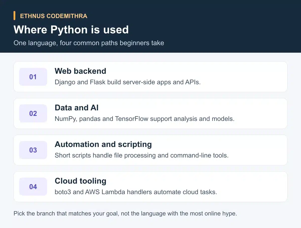 Diagram showing Python used for web backend with Django and Flask, data and AI with NumPy pandas and TensorFlow, automation and scripting, and cloud tooling with boto3 and AWS Lambda